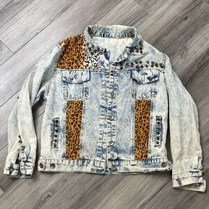 Studded Denim Jacket with Leopard Print